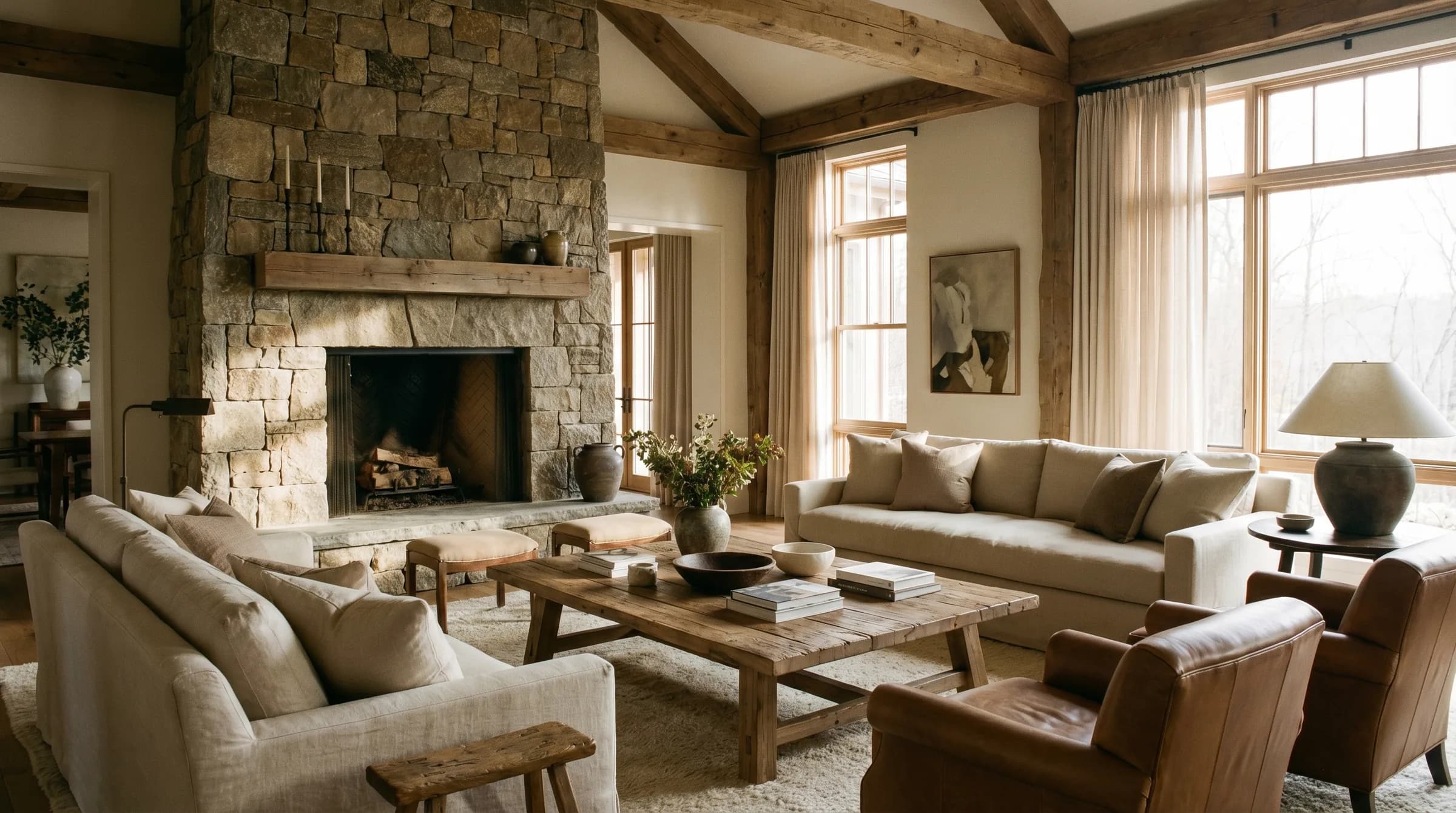 Blue Ridge mountain retreat exterior with native stone and timber set against forested slopes.